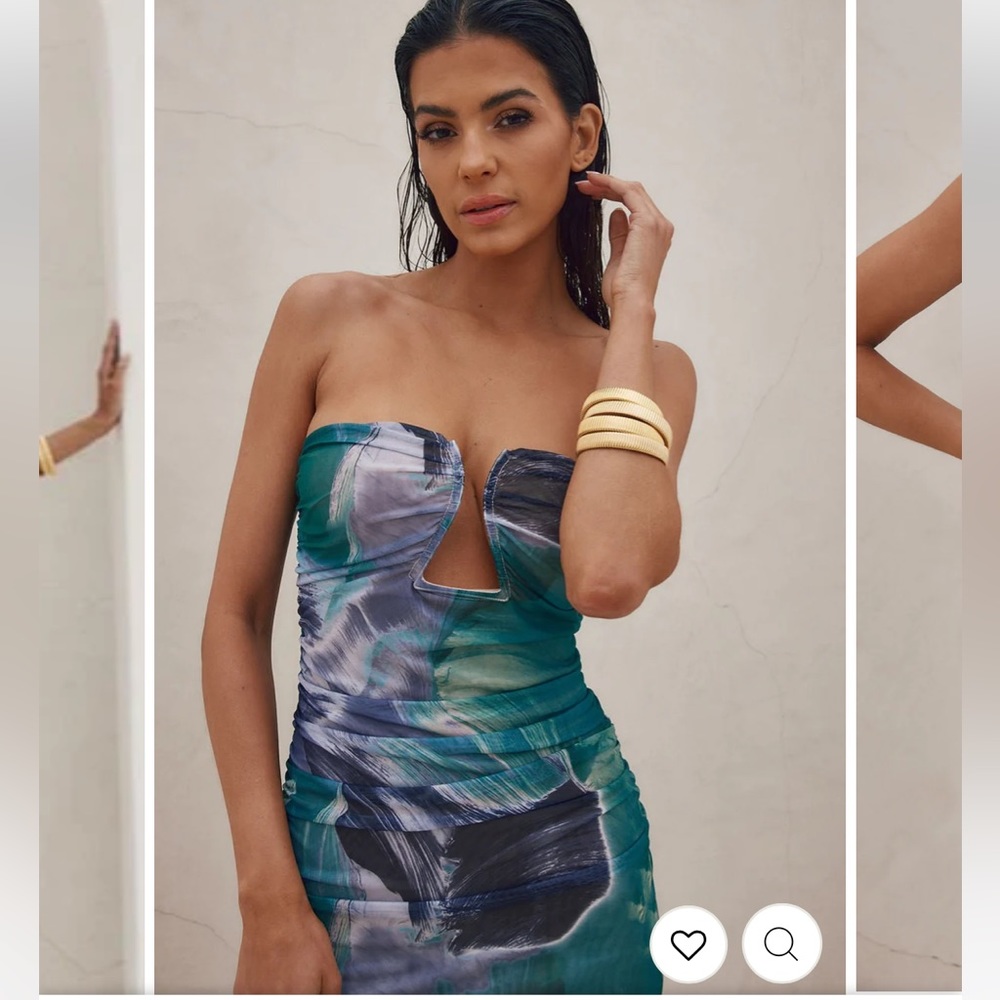 12th Tribe Teal & Navy Watercolor Strapless Midi Dress - Picture 6 of 6